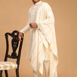 SHRESTHA BY VASTRAMAY Men Cream-Coloured Kurta With Churidar & With Mirror Work Dupatta image 3