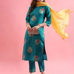 VredeVogel Women Floral Embroidered Regular Kurta with Trousers & With Dupatta-picture-23