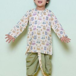 Aj DEZInES Boys Animal Printed Round Neck Long Sleeves Pure Cotton Kurta with Dhoti Pants-57