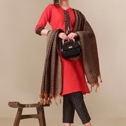 KALINI Thread Work Self Checked Desing Straight Kurta with Trousers with Dupatta-4