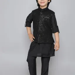 Ministitch Boys Mandarin Collar Roll-Up Sleeves Straight Kurta Trousers With Jacket-47