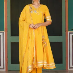 GILLORI Gotta Patti Angrakha Pure Cotton Kurta With Trousers & Dupatta-image-37