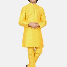 TAHVO Boys Mandarin Collar Dupion Silk Kurta With Churidar-16