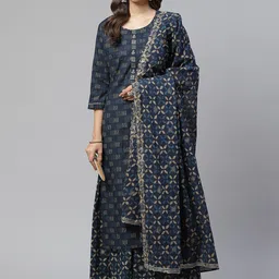 Divena Women Blue Floral Printed Sequinned Pure Cotton Kurta with Skirt & With Dupatta-picture-33