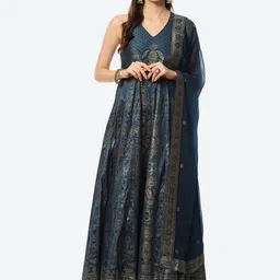 Biba Women Teal Ethnic Motifs Dupion Silk Kurta With Leggings & Dupatta-image-45