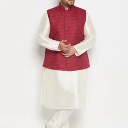 VASTRAMAY Mandarin Collar Kurta & Pyjamas With Nehru Jacket-picture-54