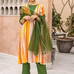 Ambraee Striped Regular A-Line Kurta with Trouser & Dupatta-picture-45