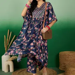 Sangria Floral Printed Kaftan Kurta With Trousers-2