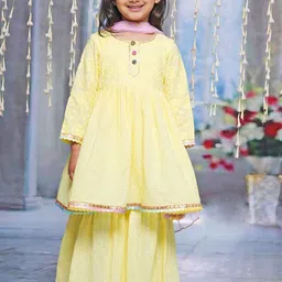 Little Bansi Girls Floral Embroidered Pure Cotton A-Line Kurta With Sharara & Dupatta-picture-26