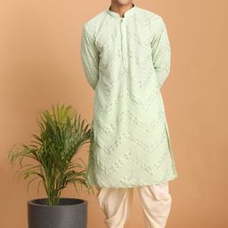 VASTRAMAY Chevron Embroidered Mirror Work Kurta with Dhoti Pants-image-79