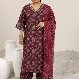 EXTRA LOVE BY LIBAS Plus Size Floral Printed V-Neck Straight Kurta With Trousers & Dupatta-2
