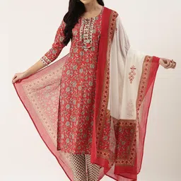 KALINI Ethnic Motifs Printed Pure Cotton Kurta With Trousers & With Dupatta-14