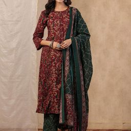 Sangria Floral Printed Pure Cotton Straight Kurta With Trouser & Dupatta-13