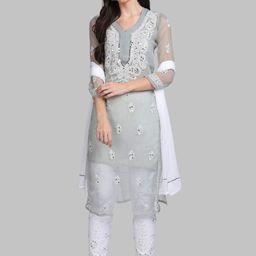 KHAKA Floral Embroidered V-Neck Chikankari Straight Kurta with Trousers & Dupatta-picture-14