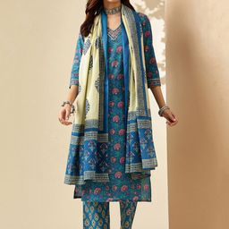 Anouk Floral Printed Regular Pure Cotton Kurta With Trousers & Dupatta-4