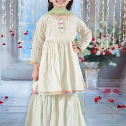 Little Bansi Girls Round Neck Pure Cotton A-Line Kurta with Pyjamas & With Dupatta-image-35
