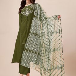 KALINI Ethnic Motifs Yoke Design Thread Work Detail A-Line Kurta & Trouser With Dupatta-image-55