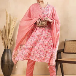 Anouk Peach Coloured Floral Printed Regular Pure Cotton Kurta With Trousers & Dupatta-40