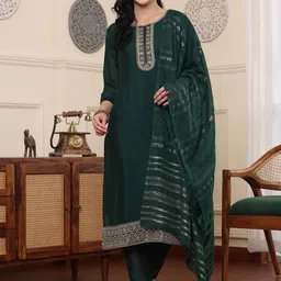 BAESD Floral Embroidered Regular Pure Silk Straight Kurta With Pyjamas & Dupatta-image-53