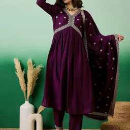 Sangria Purple Embroidered Empire Anarkali Kurta With Trousers & Dupatta-picture-16