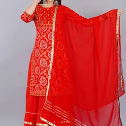 ELVISH JAIPUR Bandhani Embroidered Round Neck Thread Work Kurta with Skirt & Dupatta-picture-3