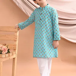Sangria Boys Blue Floral Printed Pure Cotton Straight Kurta Set-picture-11