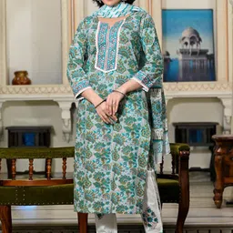 Chandbaali Floral Printed Straight Pure Cotton Kurta With Trousers & Dupatta-picture-36