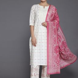 Libas White Ethnic Motifs Printed Thread Work Straight Kurta With Trousers & Dupatta-50