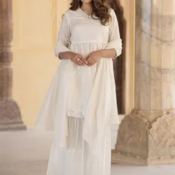KALINI Geometric Embroidered Mirror Work Pure Cotton A-Line Kurta With Sharara & Dupatta-55