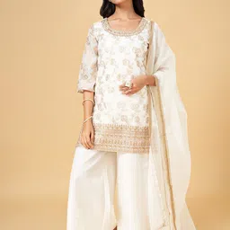 RANGMANCH BY PANTALOONS Floral Printed Chanderi Silk Kurta with Palazzos & Dupatta-image-25