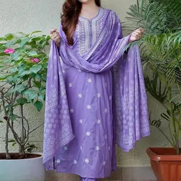 KALINI Ethnic Motifs Embroidered Pure Cotton Straight Kurta & Trouser With Dupatta-45