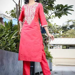 Anouk Rose Ethnic Motifs Embroidered Notch-Neck Straight Kurta With Trouser & Dupatta image 4