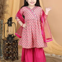 Kinder Kids Girls Floral Printed Angrakha Pure Cotton Kurti With Sharara & Dupatta-picture-1