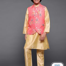 Aks Kids Boys Regular Chanderi Silk Kurta & Pyjama With Floral Printed Nehru Jacket-18
