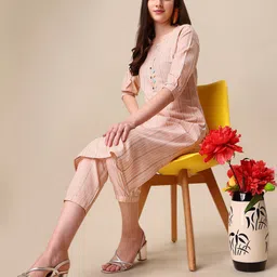 KALINI Women Woven Striped Thread Work Kurta with Trousers-19
