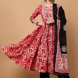 GLAM ROOTS Women Floral Printed Mirror Work Pure Cotton Kurta with Trousers & Dupatta-picture-35