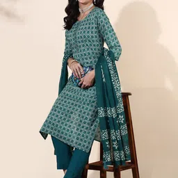 Anouk Teal & White Ethnic Motifs Printed Regular Pure Cotton Kurta & Trousers With Dupatta-40