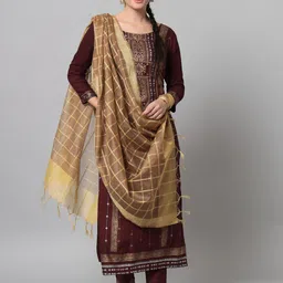 Tulsattva Women Burgundy Ethnic Motifs Printed Kurta with Trousers & With Dupatta-picture-8