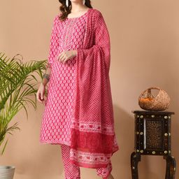 VIDHANI Women Ethnic Motifs Printed Straight Kurta with Trouser & Dupatta-3