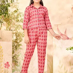 Sangria Girls Pink Geometric Printed Pure Cotton Shirt & Trousers-image-65