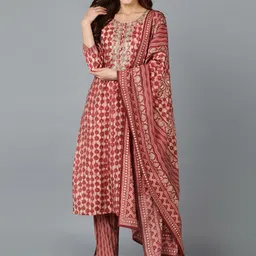 AHIKA Round Neck Geometric Printed Zardozi Kurta With Trousers & Dupatta-picture-20