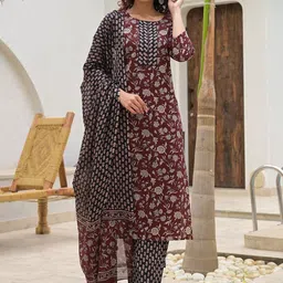 Yufta Floral Printed Pure Cotton Straight Kurta with Trouser & Dupatta-14
