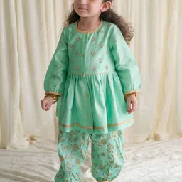 Tiber Taber Girls Green Floral Embroidered Chanderi Silk Kurta with Salwar-image-55