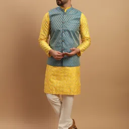 SOJANYA Geometric Embroidered Regular Kurta with Churidar & Woven Design Nehru Jacket-12
