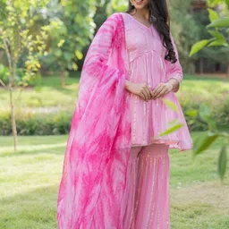 HOUSE OF JAMOTI Striped Gotta Patti Panelled Anarkali Kurti with Sharara-picture-31