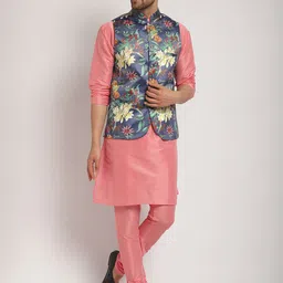 Kaifoo Mandarin Collar Kurta with Churidar & Printed Nehru Jacket-picture-12