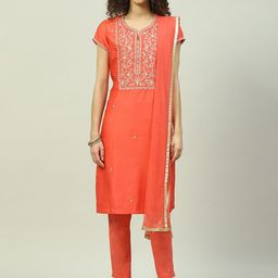 Biba Ethnic Motifs Yoke Design Regular Kurta With Trousers & Dupatta-33