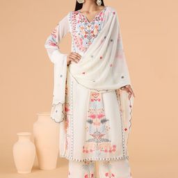 KALINI Floral Embroidered Regular Thread Work A-line Kurta With Trousers & Dupatta-17