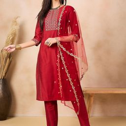 Anouk Maroon Floral Yoke Design Regular Sequinned Kurta With Trousers & Dupatta-17