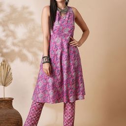 Globus Pink Floral Printed Regular Pure Cotton A-Line Kurta with Trousers-image-69